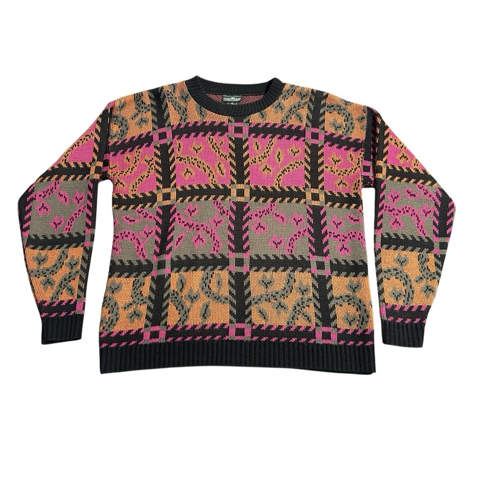 Vintage Cabin Creek Sweater Medium Colorful Windowpane Creslan Knit Boxy USA‎